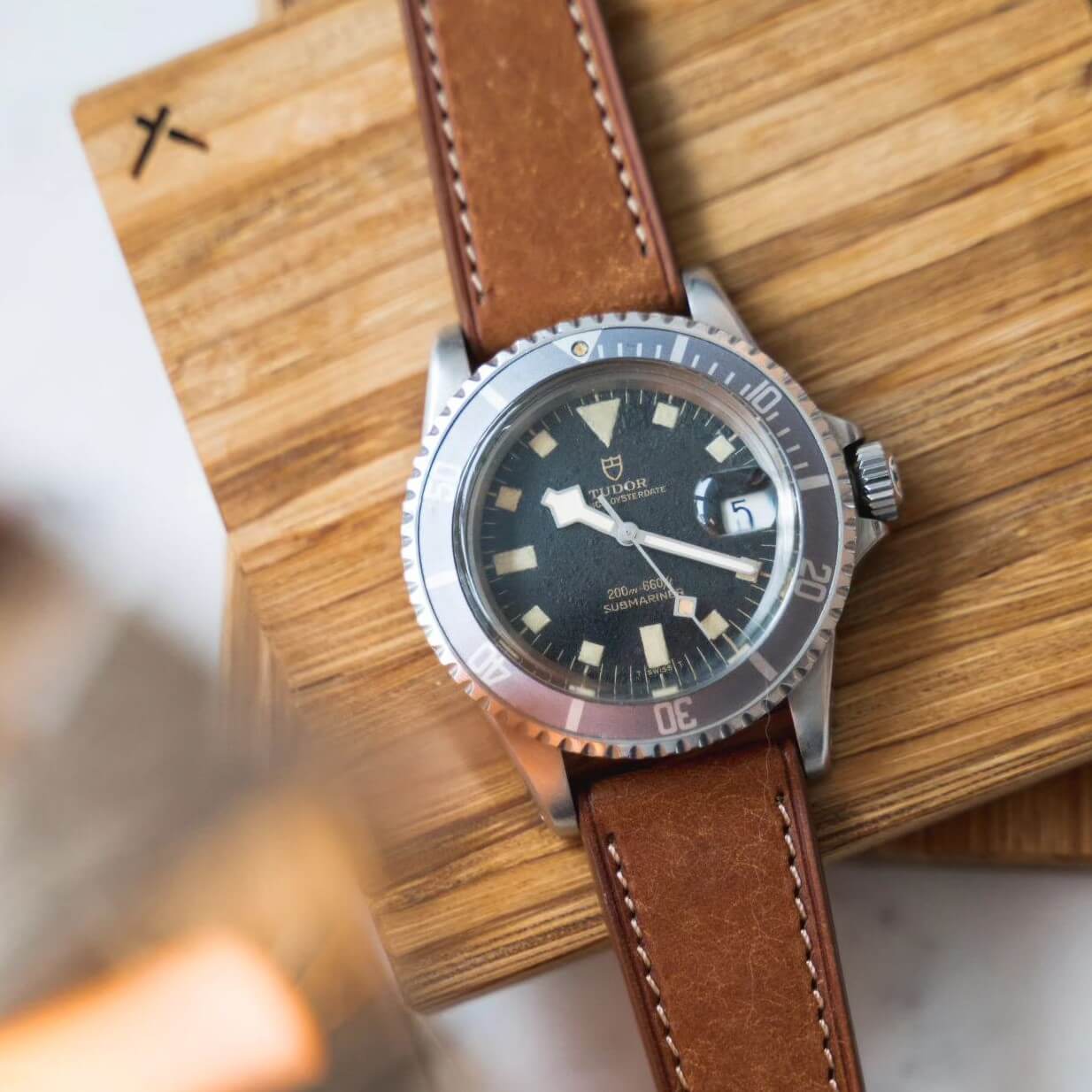 Band & Bezel brown leather strap on Tudor Snowflake