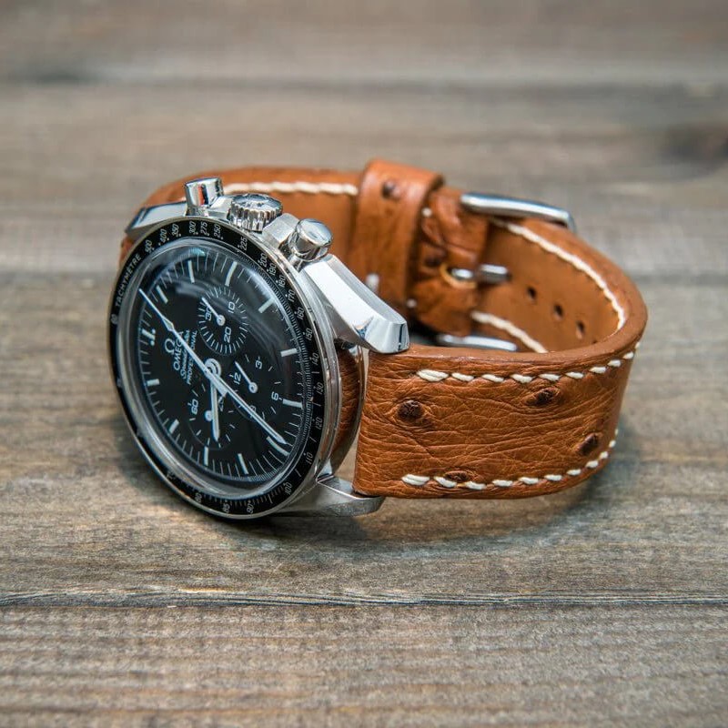Omega Speedmaster on brown leather strap by Fin Watch Straps