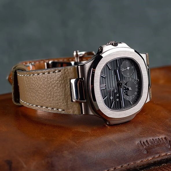 Patek Nautilus on leather strap by Gunny Straps 