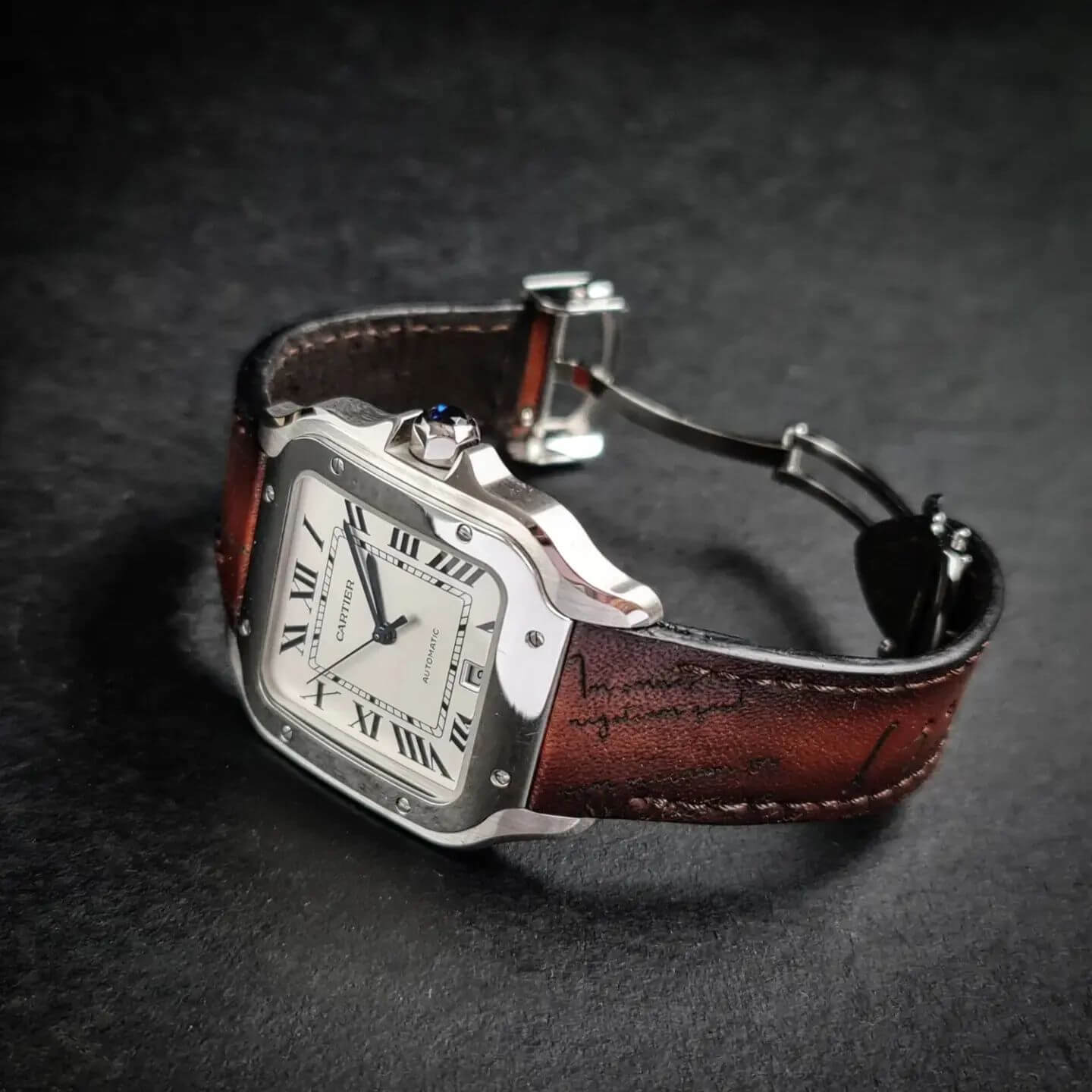 Cartier Santos on bespoke leather strap by Gunny Straps 