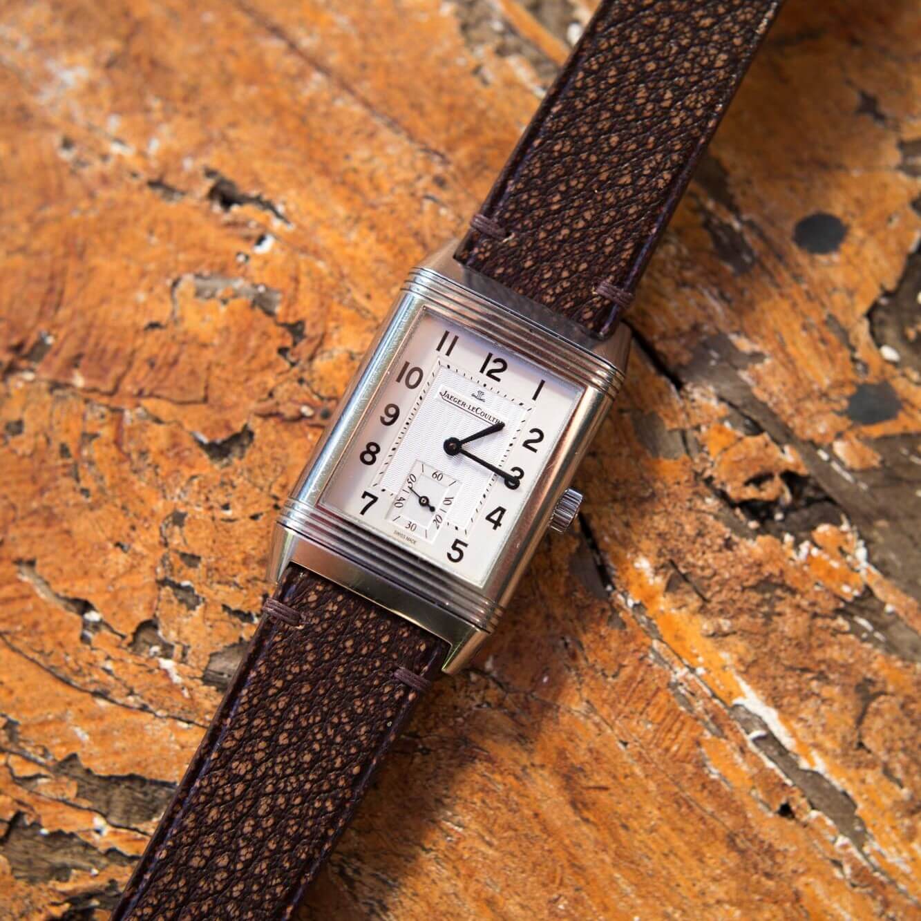 JLC Reverso on a bespoke leather strap by mill handmade