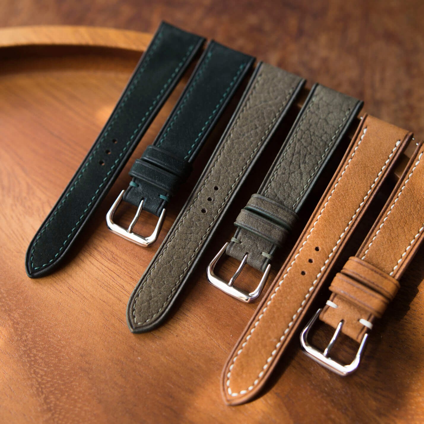 Black, green, and tan color leather watch bands by mill handmade