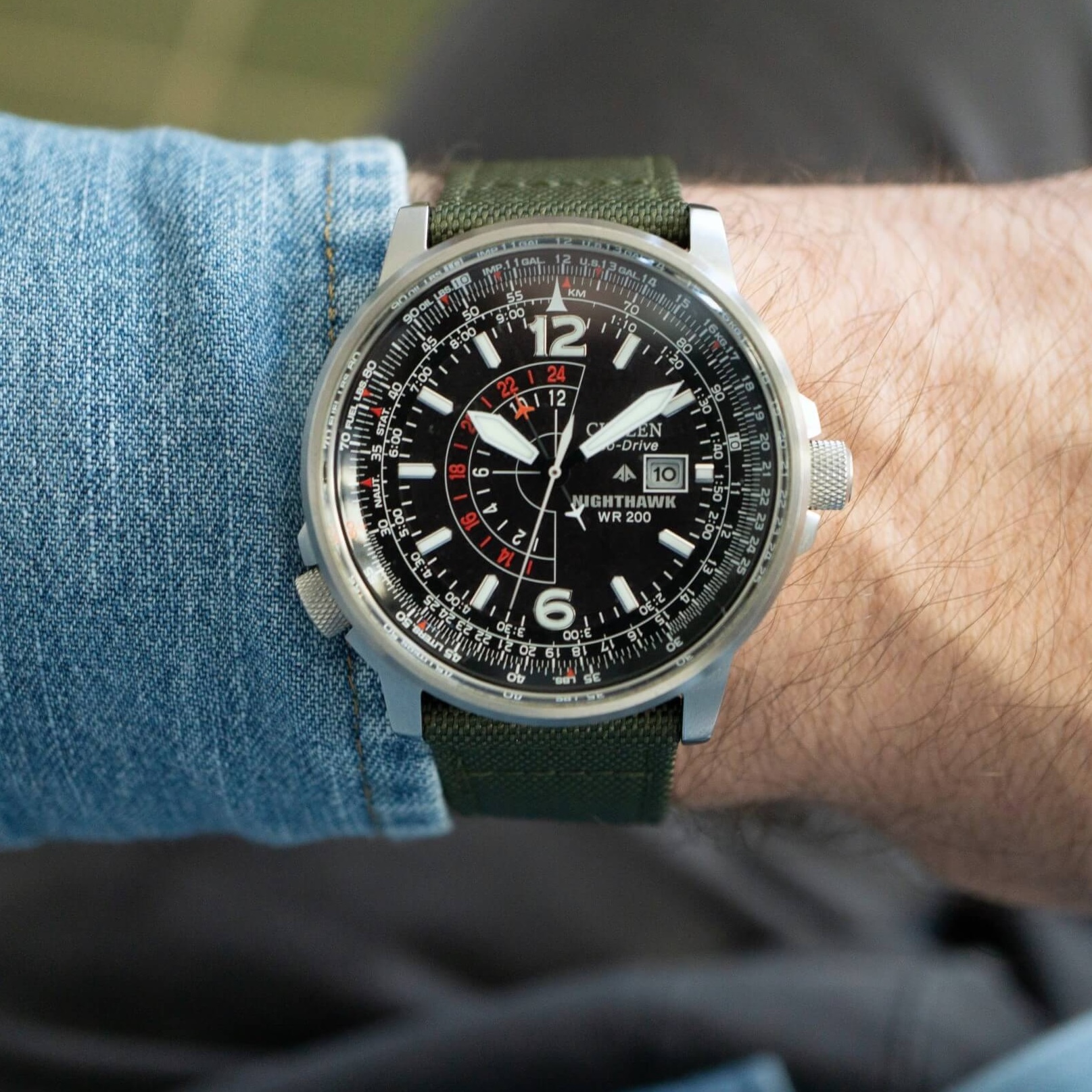 citizen nighthawk on green sailcloth strap