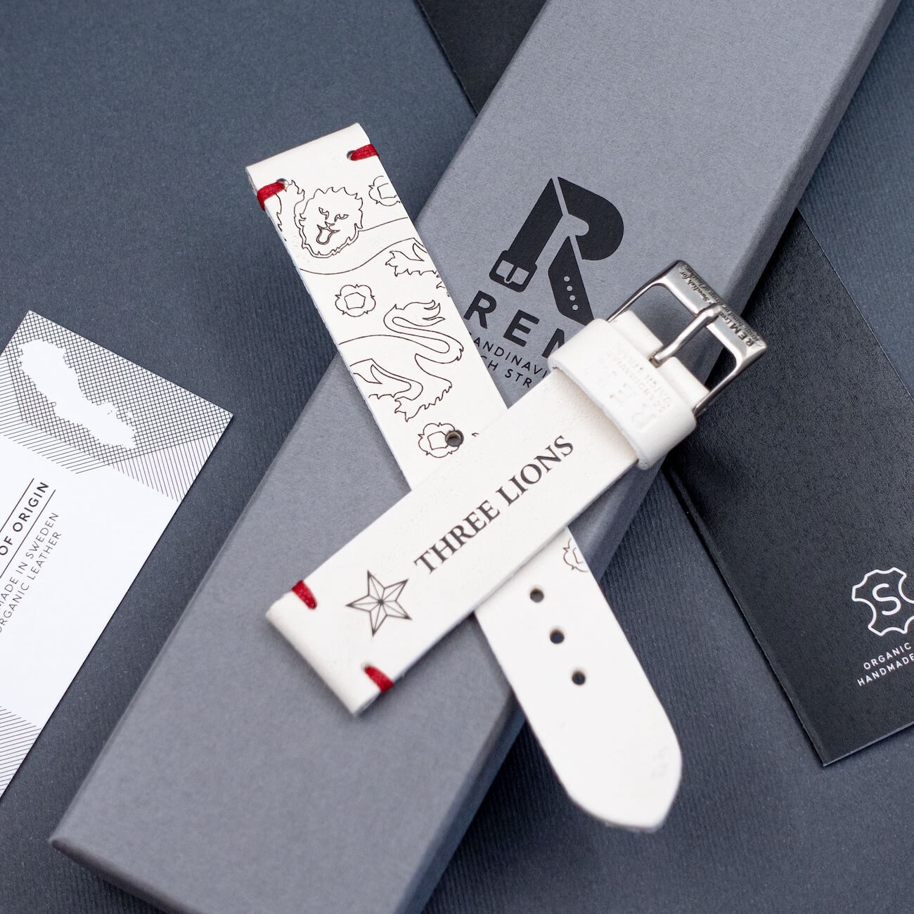 REM Straps laser-engraved national crest detail for England