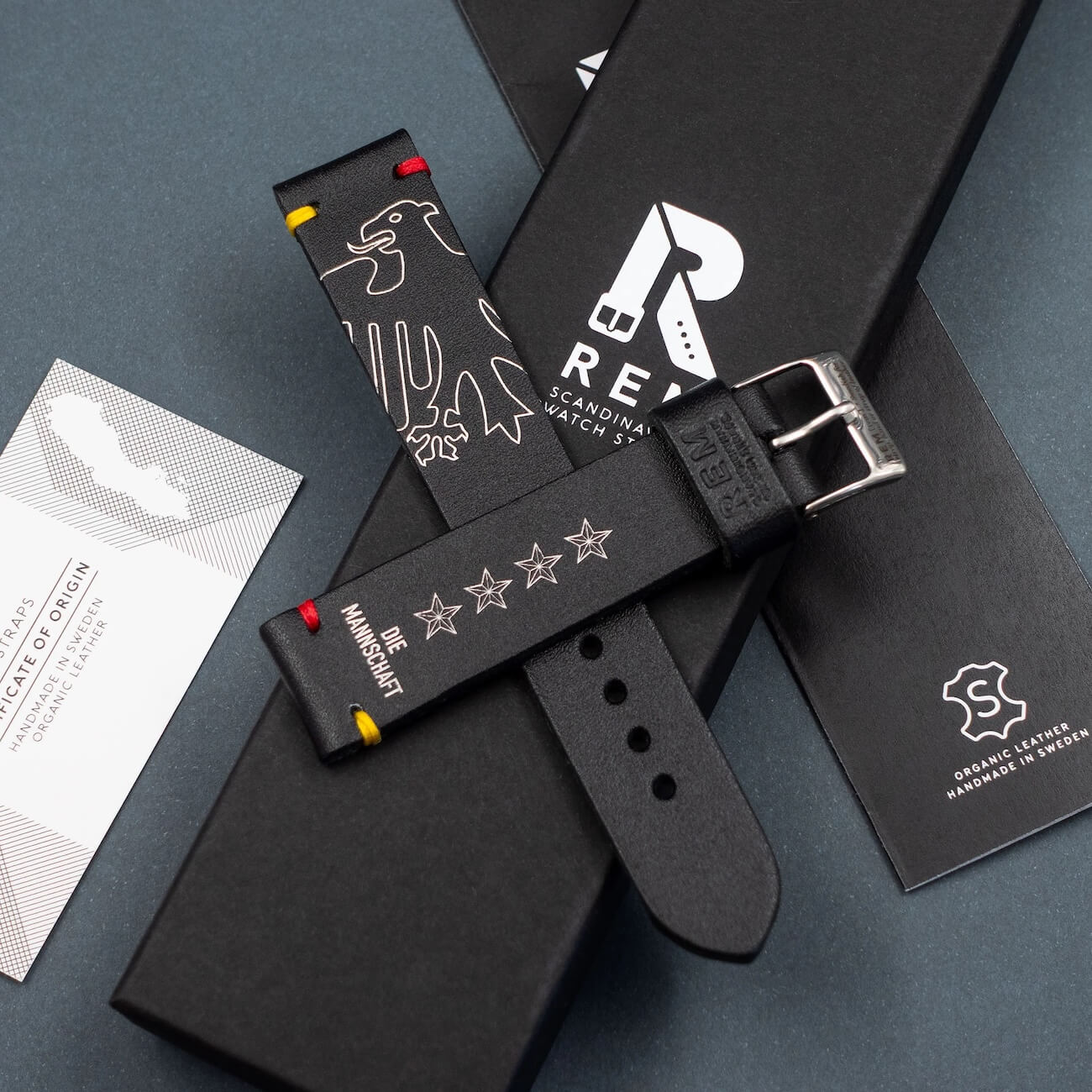 REM Straps laser-engraved national crest detail for Germany