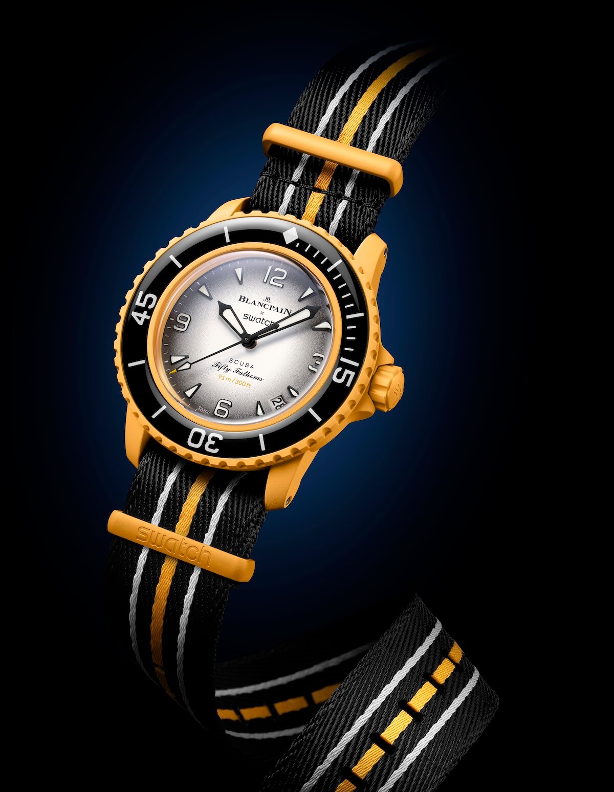 bioceramic pin buckle and keepers on the Blancpain x Swatch NATO strap