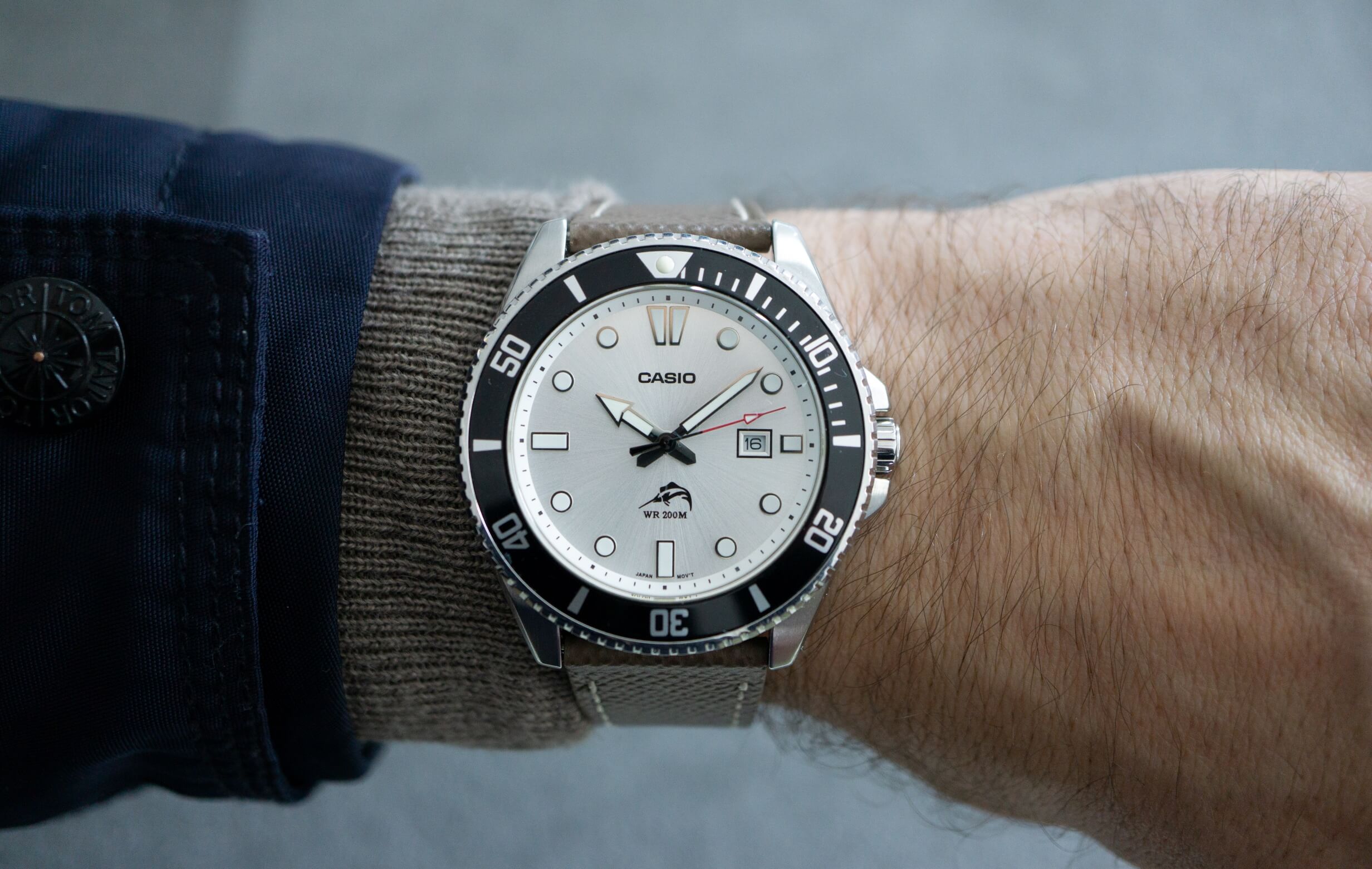 White Casio Duro paired with a toupe leather strap
