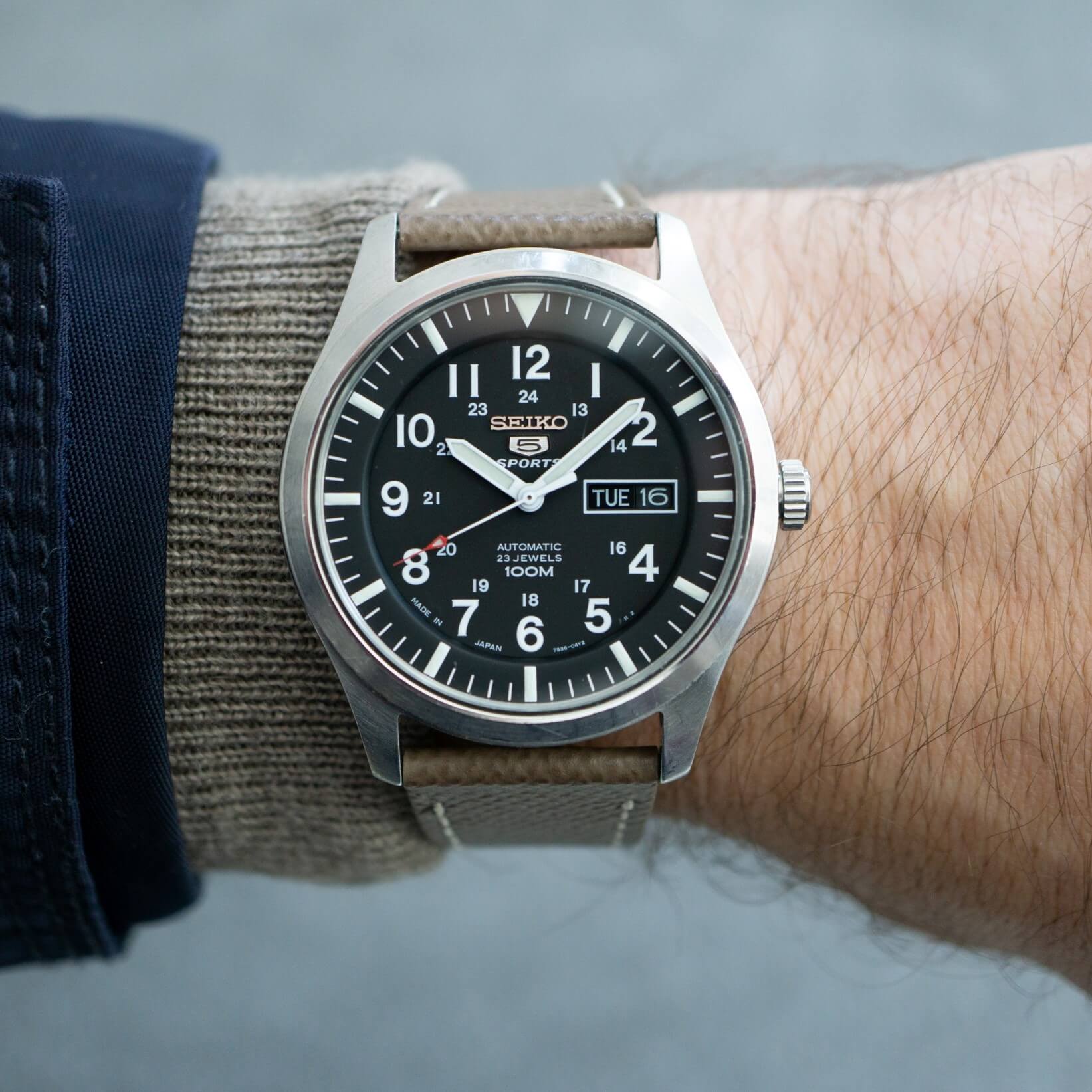 Sestriere Leather Watch Strap paired with seiko Military watch