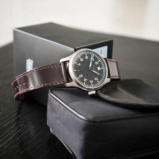 Pilot watch on Shell Cordovan watvh strap by SMC Strap Mill Canada