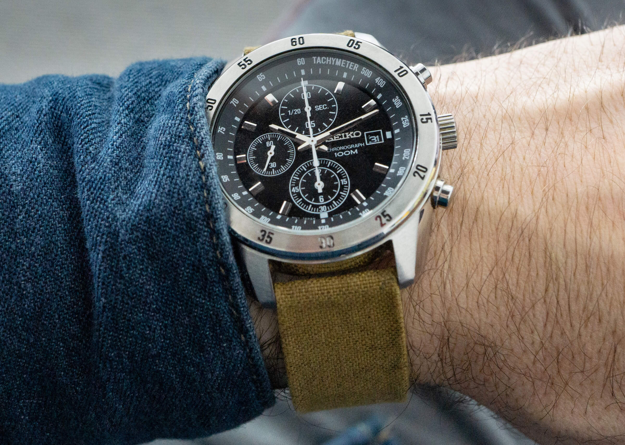 substation waxed canvas strap on a seiko chronograph