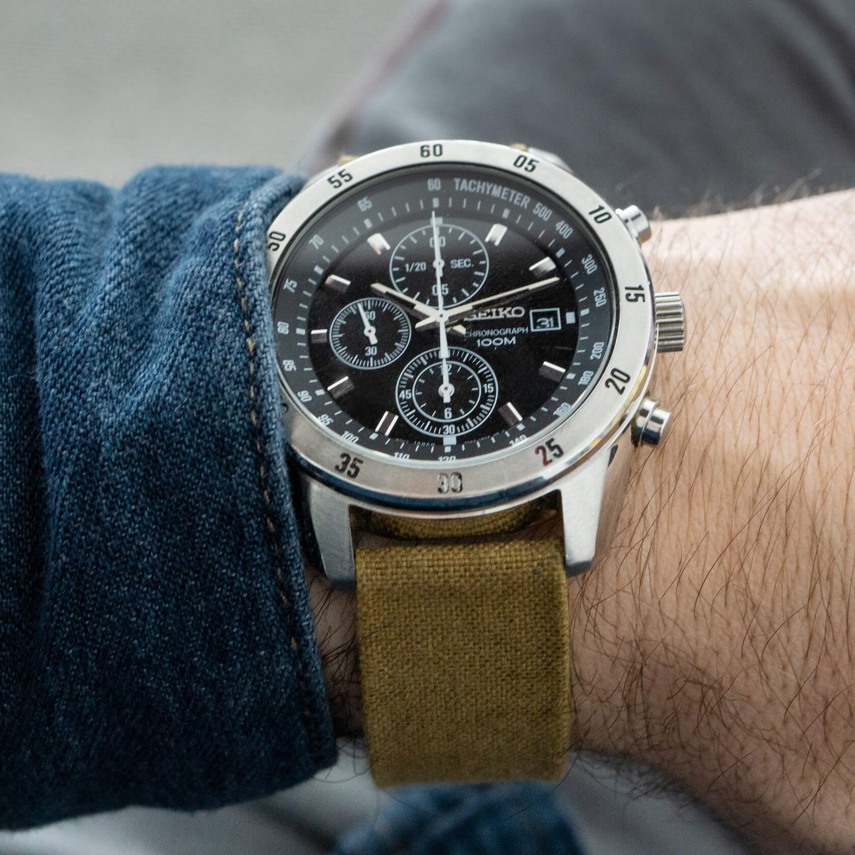 substation waxed canvas strap on a seiko watch