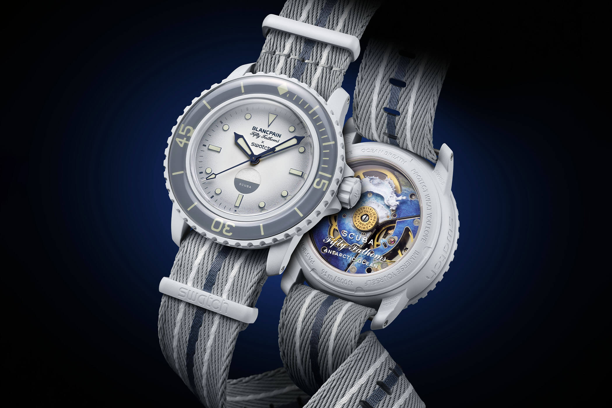 Blancpain x Swatch Bioceramic Scuba Fifty Fathoms on striped NATO straps