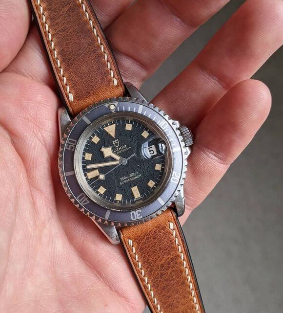 The Strap Tailor leather strap on vintage Tudor Snowflake