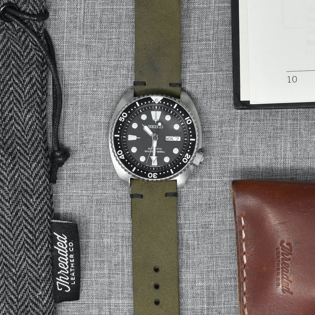 green Threaded Leather watch strap