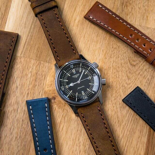 Longines Heritage Diver on brown leather watch band by Two Stitch Straps