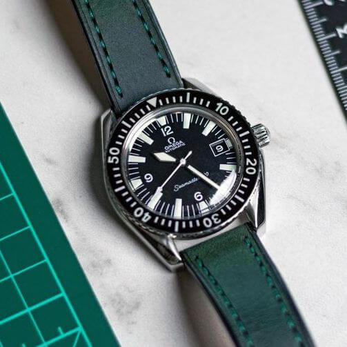 Omega Seamaster on green leather watch strap by Two Stitch Straps