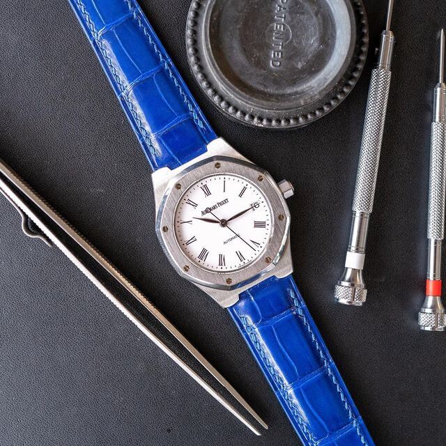 Bespoke blue leather watch strap by Velle Alexander for AP Royal Oak
