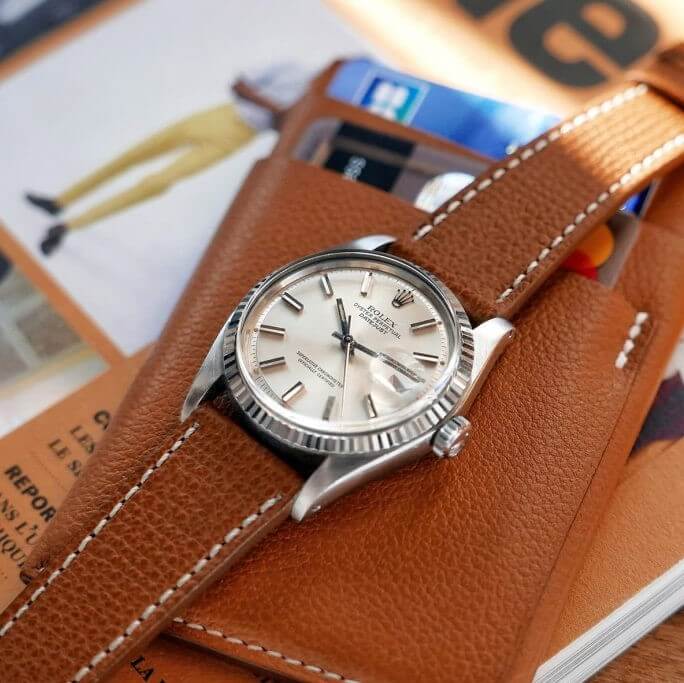 Vintage Rolex Datejust on brown leather strap by Watchbandit