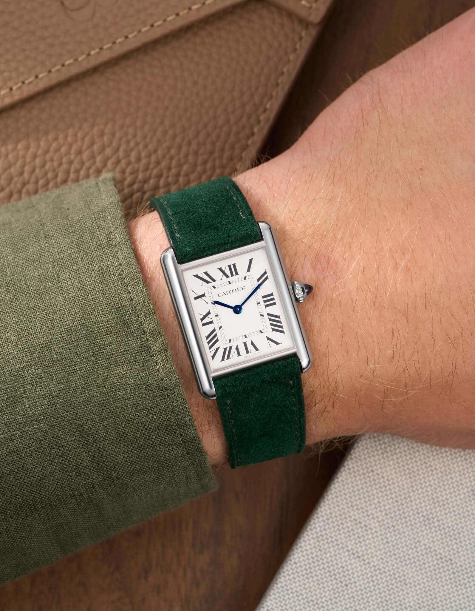 Leather green strap by Wristbuddys for Cartier Tank