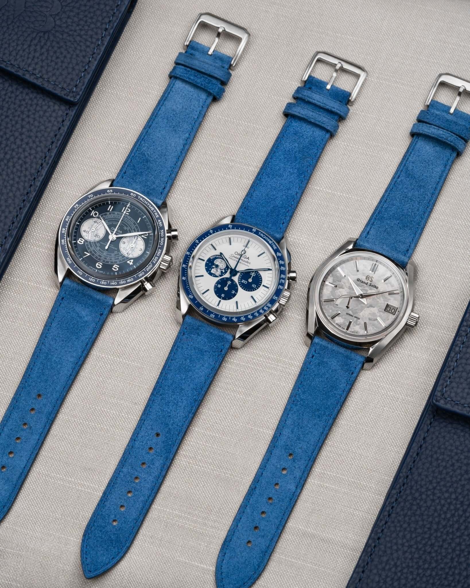 selection of blue leather watch straps by Wristbuddys