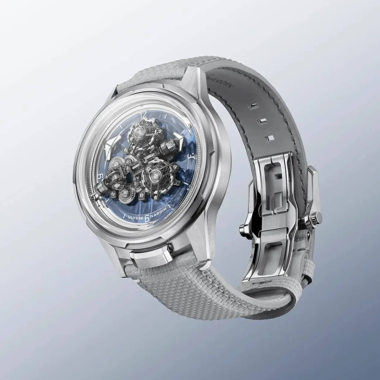 White gold Ulysse Nardin Super Freak on a pale technical textile strap