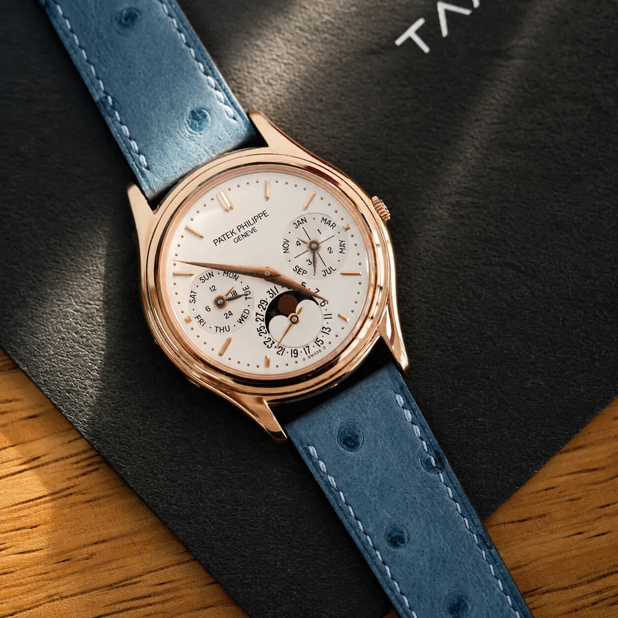 Patek Philippe on a blue ostrich watch strap by Atelier Tamago